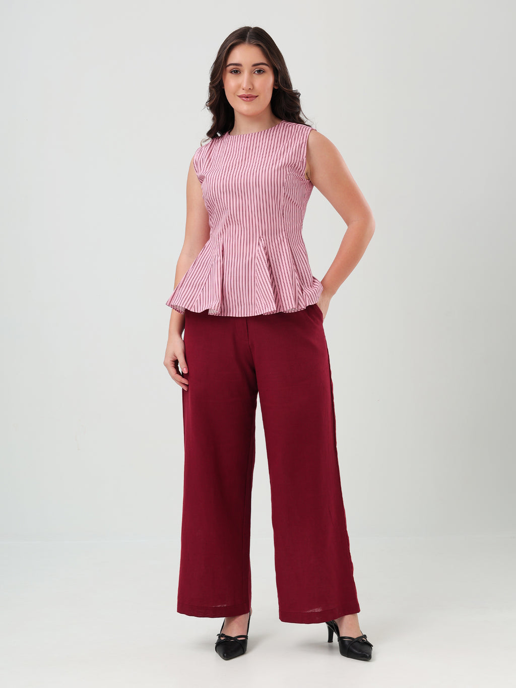 Pink Stripe Peplum Top & Burgundy Wide-Leg Linen Pants