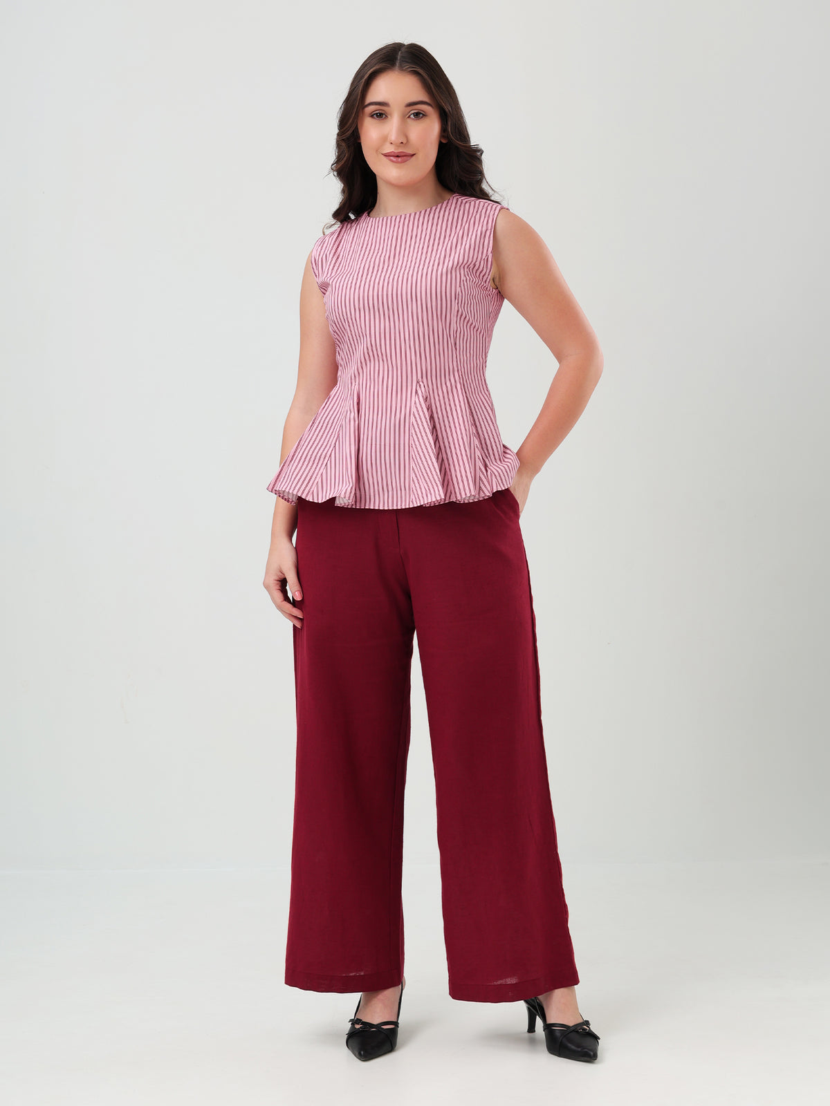 Pink Stripe Peplum Top & Burgundy Wide-Leg Linen Pants