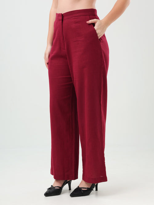 Burgundy Wide-Leg Linen Pants