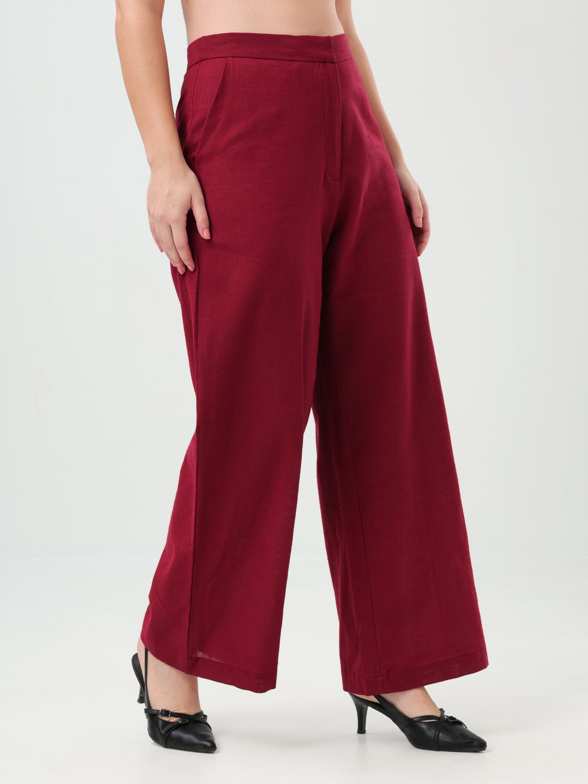 Burgundy Wide-Leg Linen Pants