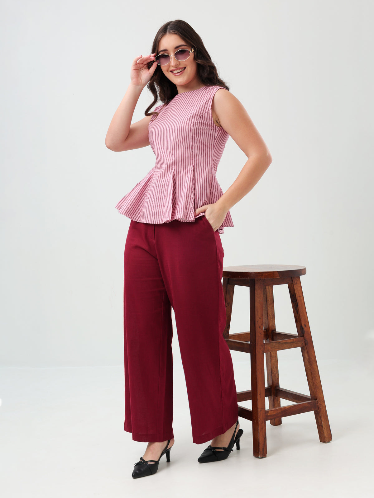 Pink Stripe Peplum Top & Burgundy Wide-Leg Linen Pants